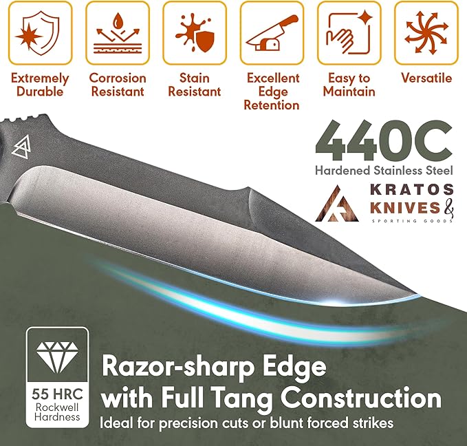 Full Tang Bushcraft Knife, 12" Full Tang Fixed Blade Knife, 440C Stainless Steel Camping Knife with Sheath, Full Tang Survival Knife By Kratos - ZF3