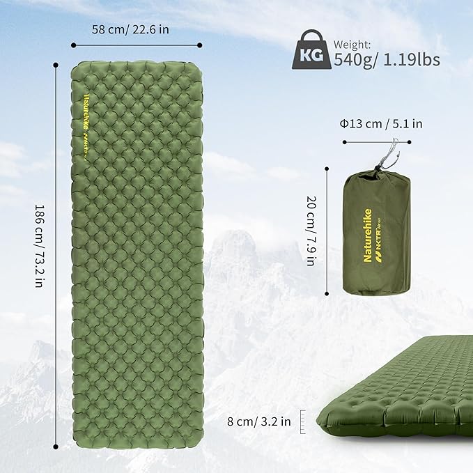 Naturehike 1.9LB Ultralight Self Inflating Sleeping Pad with R4.6, 3.2in Thickened Patchworkable Double Sleeping Mat for Camping, Hiking, Climbing with Inflatable Bag, Green Rectangular