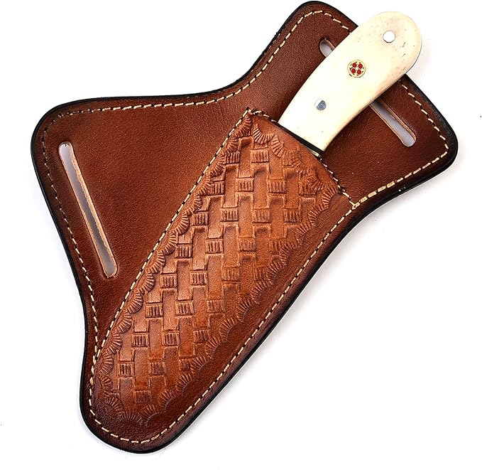 Handmade Damascus Steel Bull Cutter Knife with Pancake Leather Sheath, Fixed Blade Cowboy Knife with Bone/Walnut Handle, Utility Knife, EDC Hunting knife (Camel Bone)
