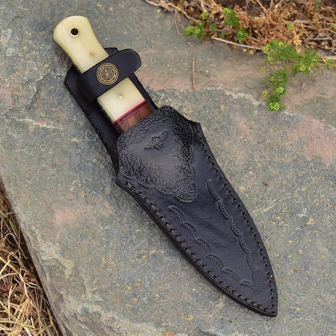 Handmade Hunting Double Edge Dagger Knife Damascus Steel Knife 8.75 Inches EDC Fixed Blade Boot Knife with Clip Leather Sheath G-508 (White Bone)