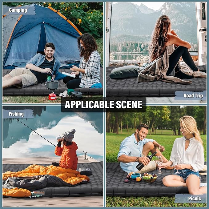 Sleeping Pad for Camping 2 Person Extra 4.7 Inch Thickness Self Inflating Mat with Pillow Built-in Foot Pump Portable Double, Grey