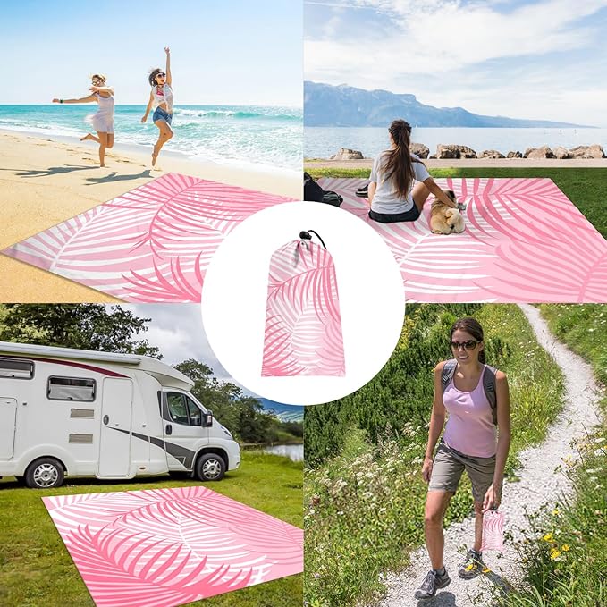 78''×86'' Pink Beach Blanket 1-4 Adults, Polyester Waterproof Sandproof Beach Mat with 4 Stakes & Pockets, Large Compact Foldable Outdoor Blanket for Picnic, Travel, Camping - Tropical Palm Leaves