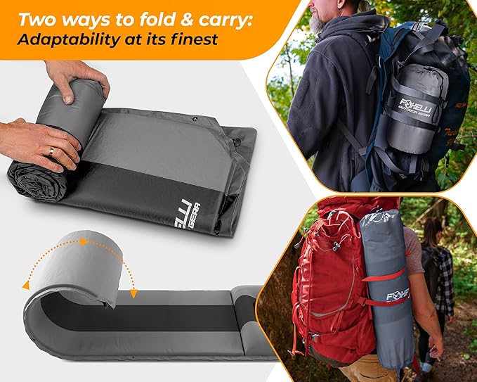 Foxelli Self Inflating Sleeping Pad for Camping, Backpacking, Hiking, Insulated Foam Lightweight Camping Mat, Inflatable Camp Mattress with Pillow