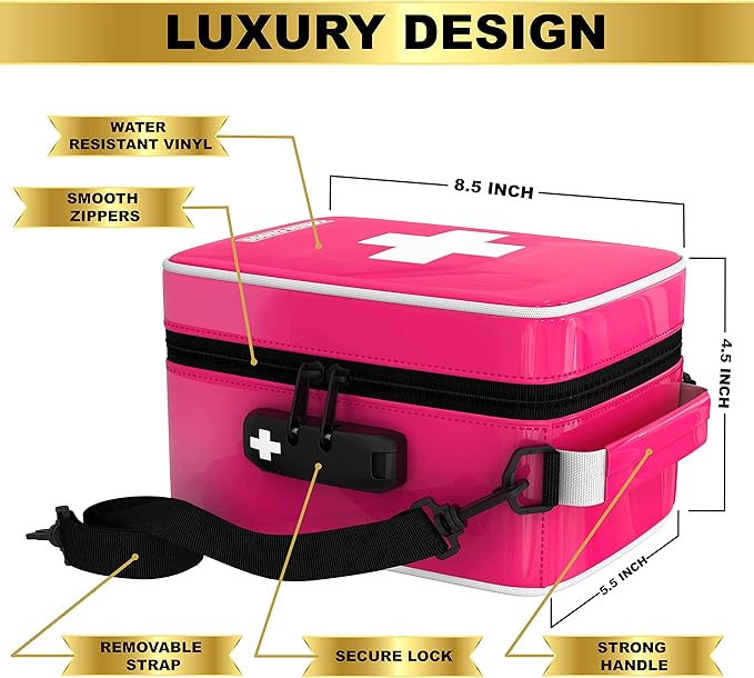 GREEN CROSS Smell Proof Medicine Bag with Combination Lock 8.5" x 5.5" x 4.5"(Pink Vinyl)