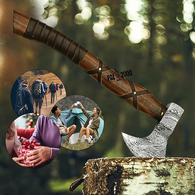 AX-9436 Custom Handmade Viking Hatchet Axe Damascus Steel Bearded Axe Camping Tomahawk Battle Axe with Sheath