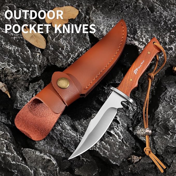 Compact fixed blade outdoor knife, 3.4 inch stainless steel fixed blade, with leather knife cover, brown wooden handle, suitable for EDC, outdoor, camping, hiking