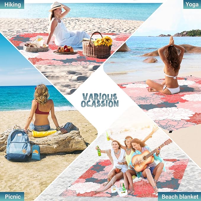 Beach Blanket Waterproof Sandproof 1-7 Adult Oversized 78 '' × 110 '' Lightweight Durable Compact Sand Free Beach Mat for Travel Camping Hiking Picnic Blanket Extra Large