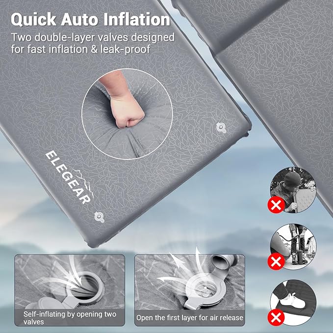 Elegear Self Inflating Camping Sleeping Pad, 3.1'' Ultra Thick Memory Foam Camping Pad with Pillow, 20s Fast Inflating 9.5 R-Value Insulated 4-Season Camping Mattress Pad for Camping/Travel/Tent/Car