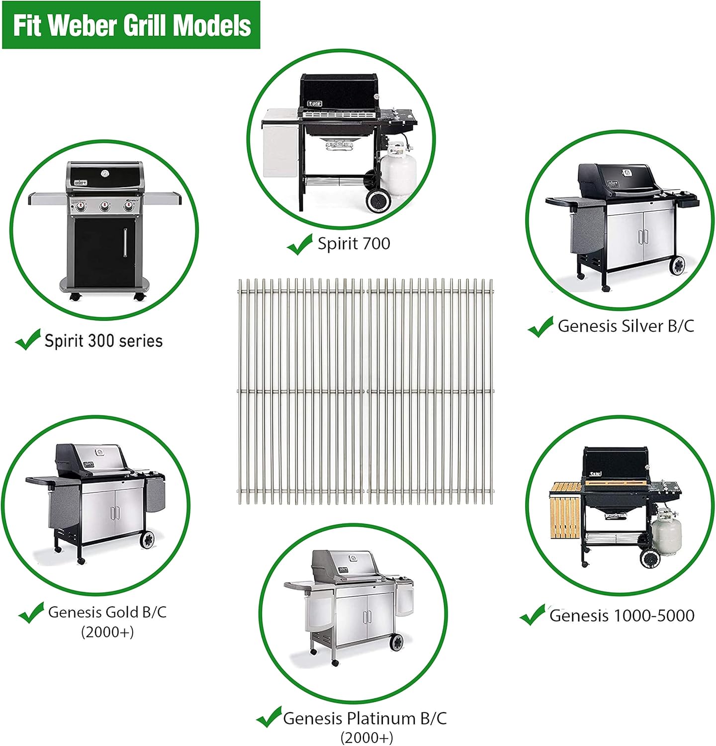 17.5" Stainless Steel 7639 Gas Grill Grates for Weber Spirit 300 Series, Spirit 700, Genesis Silver B/C, Genesis Silver B & C, Genesis Gold B & C, Genesis Platinum B & C, Genesis 1000-3500