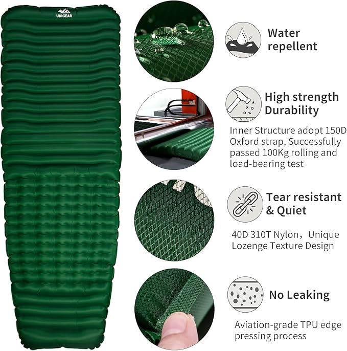 Unigear Camfy P3 Inflatable Sleeping Pad, R-Value 2,Water Resistant, Comfortable Sleeping Mattress for Camping