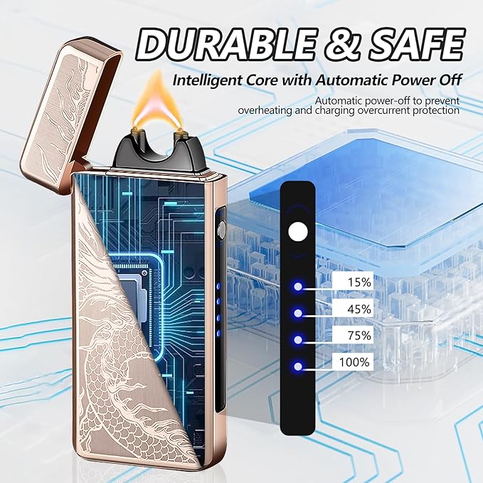 Rechargeable Lighter USB Electric Lighter Plasma Arc Candle Lighter Dragon Torch Lighter High Power Flame Windproof Lighter with LED Power Display for Camping, Hiking, Traveling (GoldDragon)