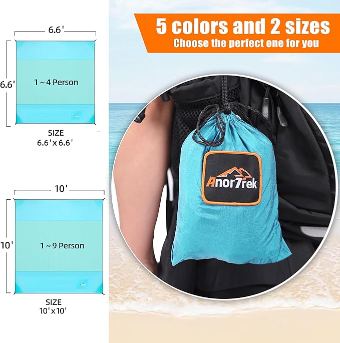 Beach Blanket Sandproof, Extra Large Beach Mat, Sand Free Mat Quick Drying, Lightweight, Soft & Durable Mat for Beach, Yard (Sky Blue & Mint Green, 10 x 10 FT (1～9 Person))