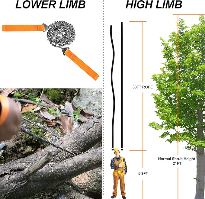 Hand Rope Chain Saw - 48" pocket chainsaw directly connected to 66 ft ropes to form high tree limb rope chainsaw for camping survival and tree pruning
