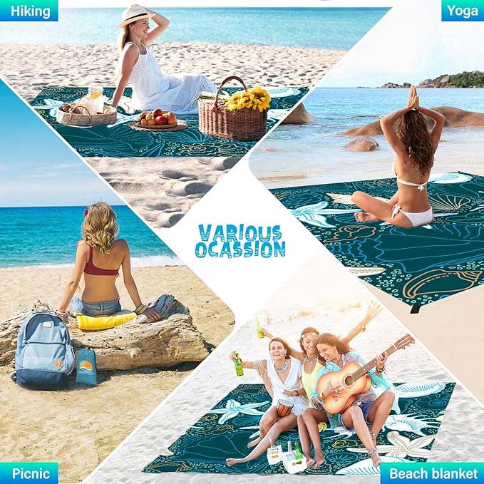Beach Blanket Waterproof Sandproof 1-7 Adult Oversized 78 '' × 110 '' Lightweight Durable Compact Sand Free Beach Mat for Travel Camping Hiking Picnic Blanket Extra Large