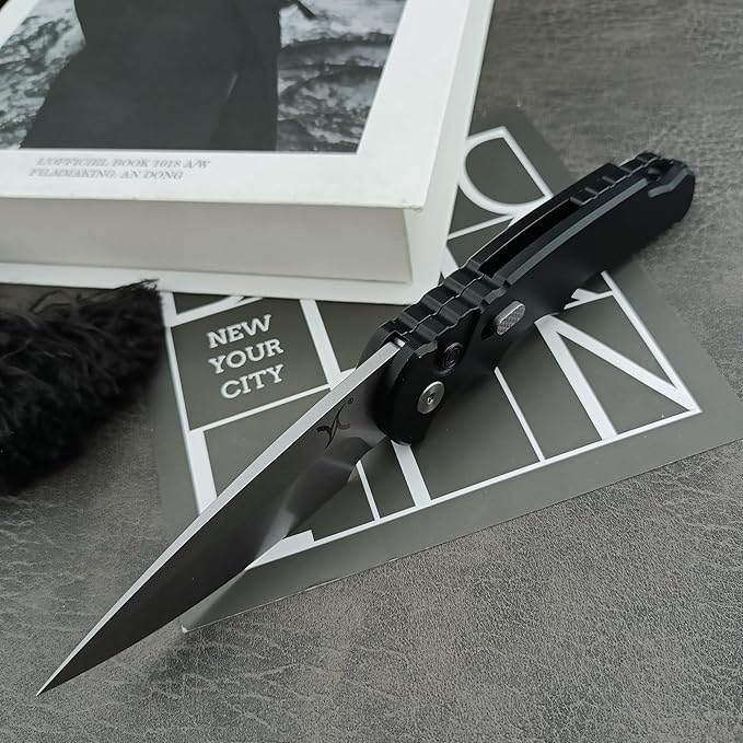 HUAAO 7.5” Assisted Opening Push Button Folding Pocket Knife, 2.8” D2 Blade Aluminum Alloy Handles with Pocket Clip and Lanyard Loop for EDC