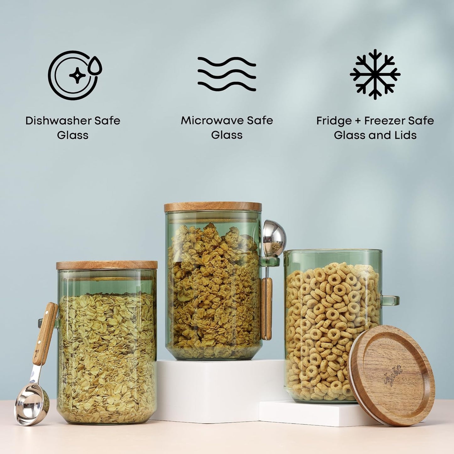 JoyJolt Holden 32oz Stackable Glass Storage Containers with Lids and Scoops, Airtight Food Canister Set of 3 w/Acacia Wood Lids, Round Stacking Pantry and Kitchen Containers w/Scoop | Sage Green