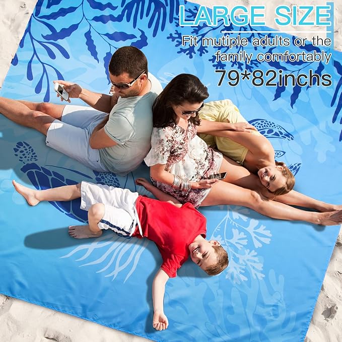 Airensky Beach Blanket, Sandproof Beach Mat 79" X 82" for 4-7 Adults, Large Waterproof Beach Blanket Compact Lightweight Beach Blanket with 4 Stakes for Picnic Camping Travel Hiking(Blue Turtles)