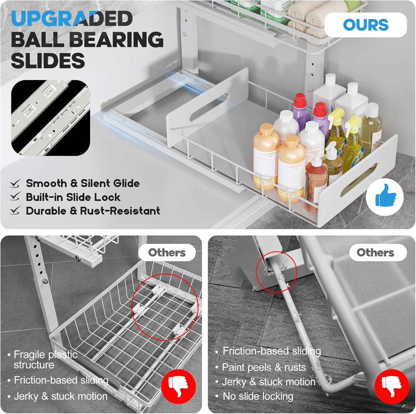 1 Pack Under Sink Organizer Upgrade To Professional Rails,2-Tier Dual Pull Out Cabinet Storage,Height Adjustable Slide Out Drawers For Bathroom Kitchen,Under Sink Shelf-White