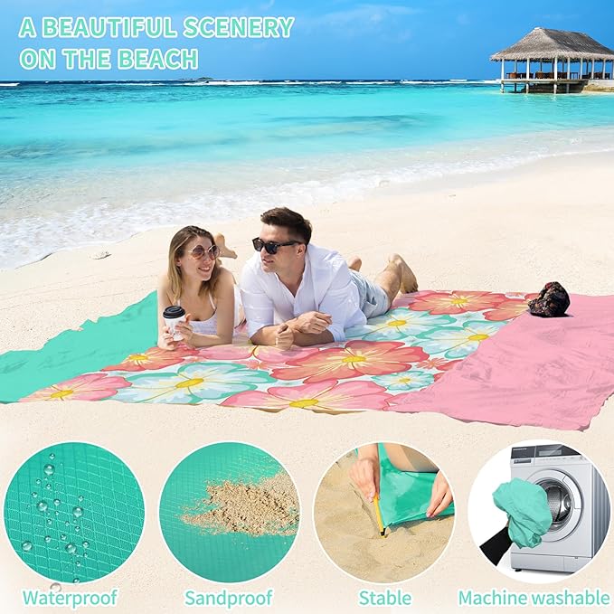 BYDOLL Beach Blanket Sandproof Waterproof Flower 78''×81''1-4 Adults Compact Lightweight Oversized Beach Blanket Large Picnic Mat Beach Blanket for Travel Camping Hiking Picnic