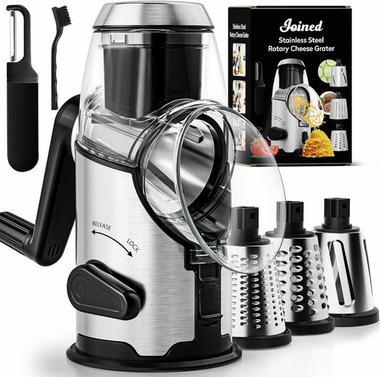 Joined Rotary Cheese Grater with Handle - Mandoline Slicer with 3 Stainless Steel Drum Blades-Vegetable Slicer Walnuts Grinder Cheese Shredder Round Mandoline with Peeler