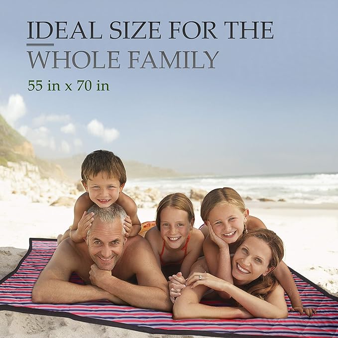 Beach Blanket Sand Proof & Outdoor Picnic Blanket - Water Resistant, Large Mat for Camping or Travel. Washable, Foldable, Easy Carry Compact Tote Bag Stripes (Red/White/Blue)