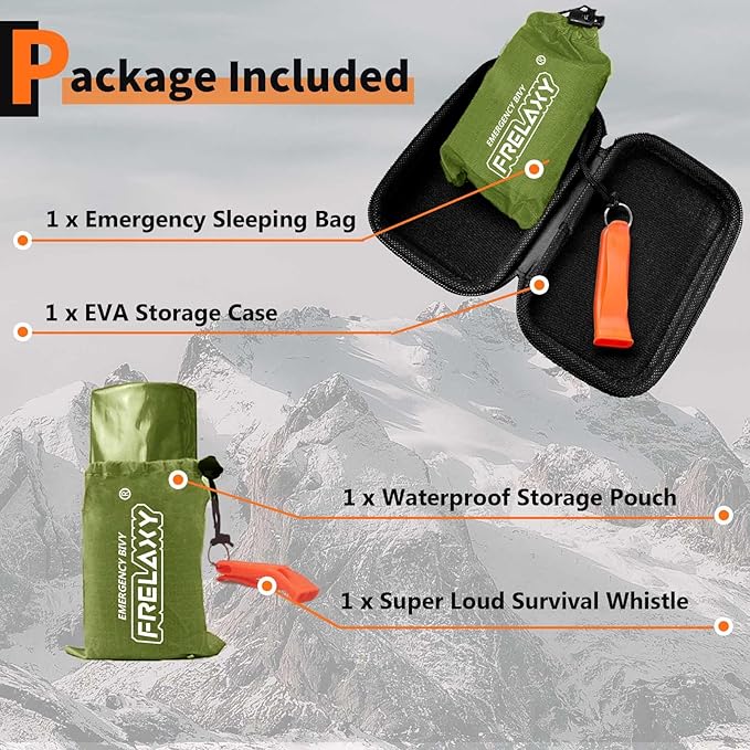 Frelaxy Emergency Sleeping Bag 1-Pack/2-Pack, Extra-Thick Compact Survival Bivy with Whistle, Storage Pouch, and EVA case, Perfect for Survival Kits