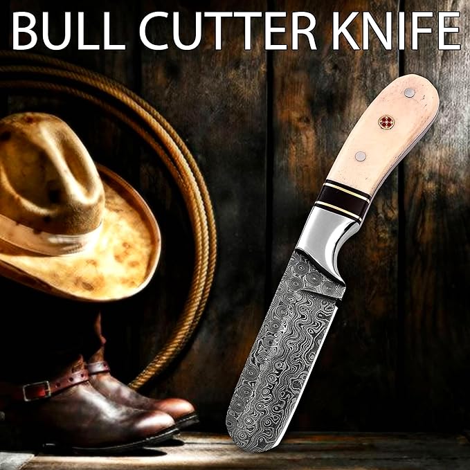 Handmade Damascus Steel Bull Cutter Knife with Pancake Leather Sheath, Fixed Blade Cowboy Knife with Bone/Walnut Handle, Utility Knife, EDC Hunting knife (Camel Bone)