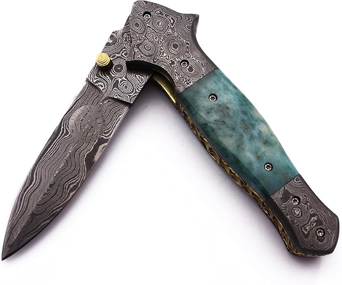 Handmade Damascus Folding Pocket Bowie Knife For EDC,Hunting,Survival,Camping Bushcrafting,Skinning and Fishing With Full Tang Camel Bone Handel and Cowhide-Leather Sheath for Men and Women-DCF24