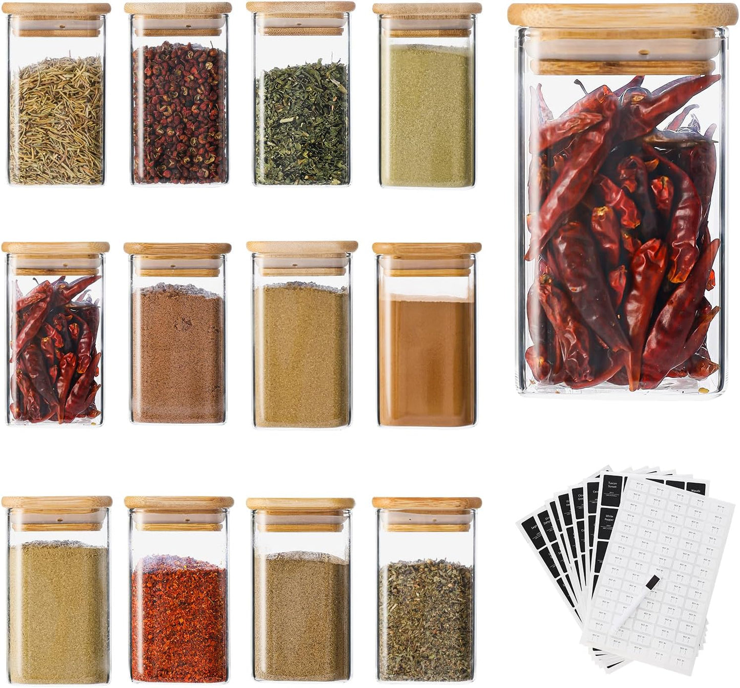 12Pcs 9oz Spice Jars Glass Container with 275 Labels, Airtight Seasoning Empty Organizer with Bamboo Lid Set for Food Storage, Salt, Sugar