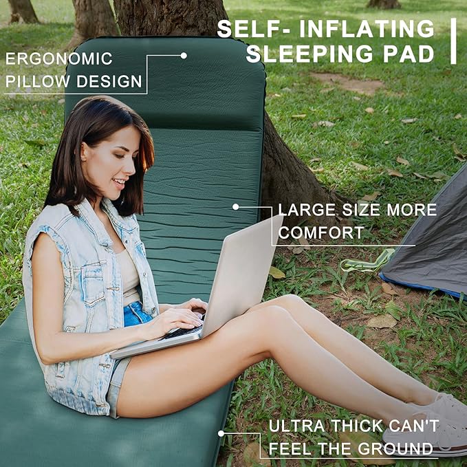 Self Inflating Sleeping Pad for Camping Fast Inflating in 20s Insulated Camping Pad Ultra-Thick Foam Camping Mats Memory Foam Camping Air Mattress with Pillow for Car Camping , Tent, Home,Travel
