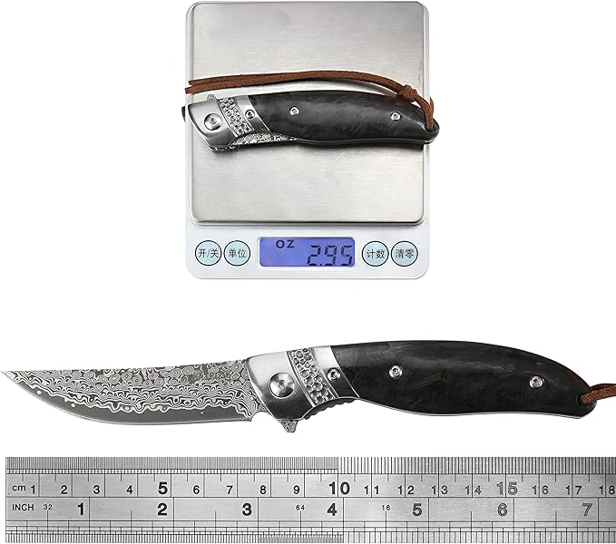 ALBATROSS HGDK028 EDC Sharp Mordern Damascus Folding Pocket Knife with Luminous Carbon Synthetic Material Handle,Ball Bearing Assisted Opening Knives with Liner Lock Tail rope，Gifts/Collections