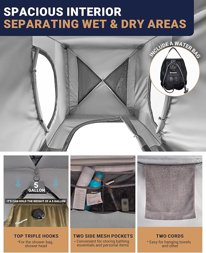 KingCamp Camping Shower Tent, Portable Outdoor Privacy Toilet & Changing Tent Windproof & Waterproof Easy Setup 1 or 2 Room Shelter with Shower Bag for Camping Hiking Beach