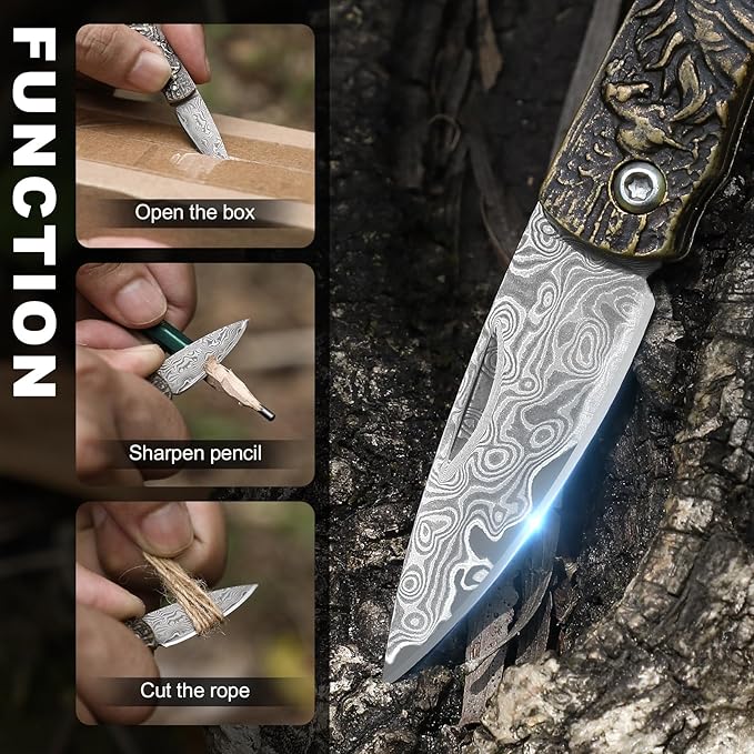 Damascus Steel pocket Knife, Mini folding pocket knife, edc knife for men,gifts for men and women