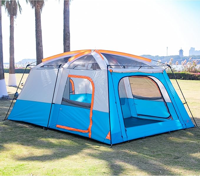 KTT Extra Large Tent 10-12-14 Person(Style-B),Family Cabin Tents,2 Rooms,3 Doors and 3 Windows with Mesh,Straight Wall,Waterproof,Double Layer,Big Tent for Outdoor,Picnic,Camping,Family Gathering