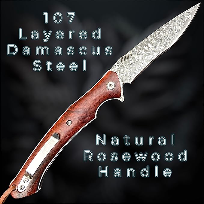 TACTICAL GEARZ EDC Damascus Steel Pocket Folding Knife, Natural Rosewood Handle, 107 Layered VG10 Damascus Steel Blade! (Kanui XT)