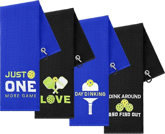 Hosuly 4 Pieces Funny Dinkball Towels Microfiber Cotton Athletic Towels with Clip Embroidered Towel Gift for Men Women Dinkball Lovers(Unisex,Classic)