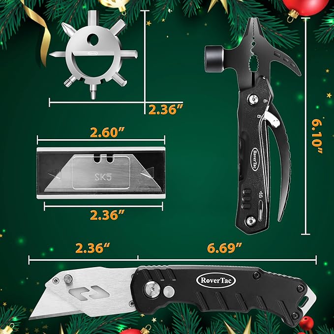 RoverTac Tool Set for Mens Gifts-Christmas Gifts for Men Gifts for Dad Husband Gifts Dad Gifts Boyfriend Christmas Gifts Mens Stocking Stuffers-12 in 1 Multitool Hammer Box Cutter Snowflake Multitool