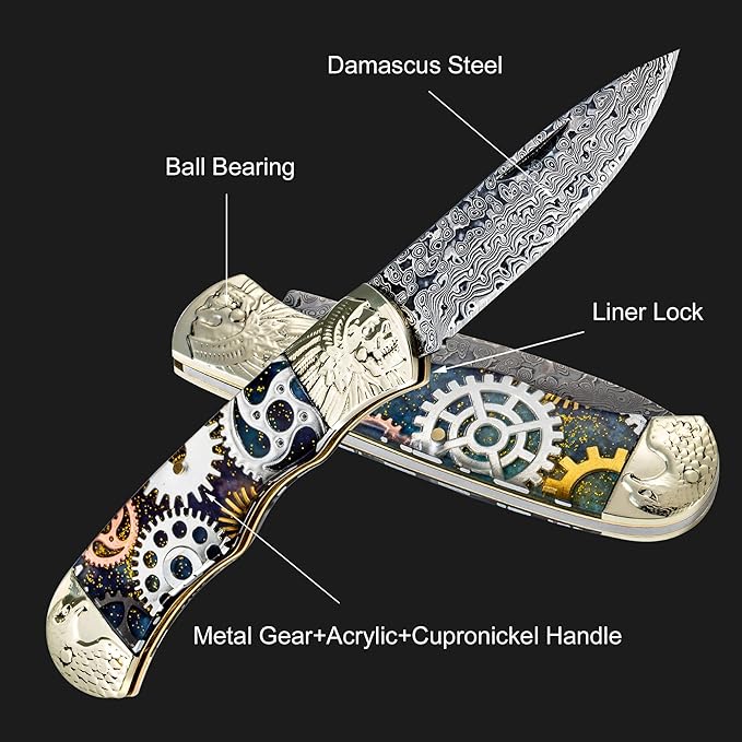 Damascus Pocket Knife Folding Knife, Tactical Camping Survival Knife, 3.2 inch Dream Gear, Best Pocket Kinfe for Camping Survival Fishing Hunting