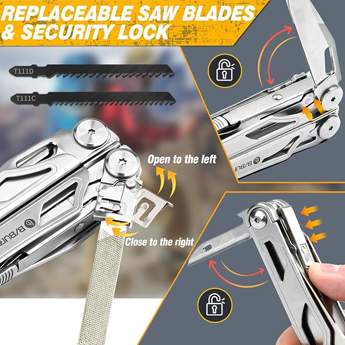 BIBURY Multitool Pliers, Stainless Steel Multi Tool Pliers with Replaceable Wire Cutters and Saw, Foldable Multitools with Scissors and Screwdriver, Ideal for Camping, Hiking, Survival, Repair