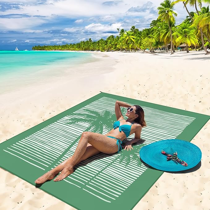 Beach Blanket Sandproof Extra Large Beach Mat Adults Waterproof Quick Drying Sand Free Mat Made by Premium Polyester with 4 Stakes & 4 Corner Pockets for Outdoor Travel Camping Hiking