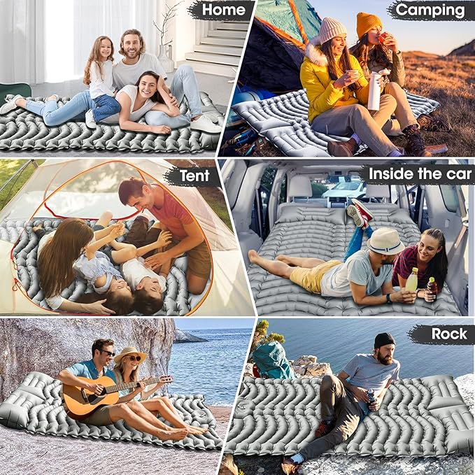 Double Sleeping Pad Extra Thick,Self Inflating Camping Mattress 2 Person with Pillow Built-in Foot Pump Reinforced Support Structure Inflatable Sleeping Mat Portable for Home Tent Backpacking Hiking