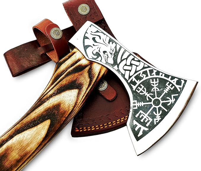 Hand Forged Carbon Steel Etched Viking Axe with (Ash Wood) Handle -with Premium Leather Sheath - Ideal for Camping Axe - Survival Axe - Bushcraft Axe Gift for Him. CX-00786
