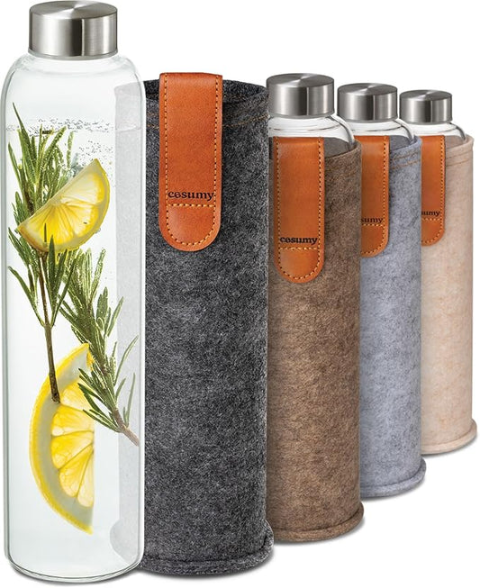 Glass Water Bottle 25oz with Felt Sleeve - Dishwasher Safe - Leakproof Lid - BPA Free - Glass Bottles for Carbonated Beverage & Juicing (Anthracite)