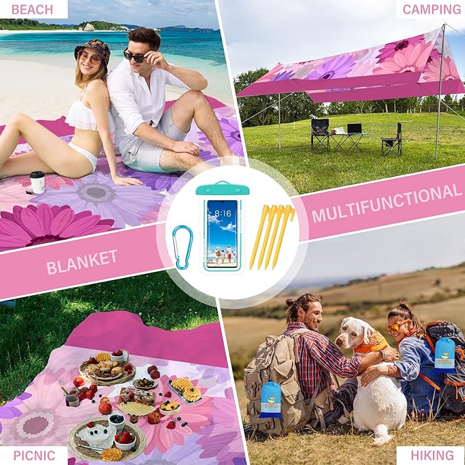 BYDOLL Beach Blanket Sandproof Waterproof 78''×81'' 1-4 Adults Compact Lightweight Oversized Beach Blanket Large Picnic Mat Beach Blanket for Travel Camping Hiking Picnic