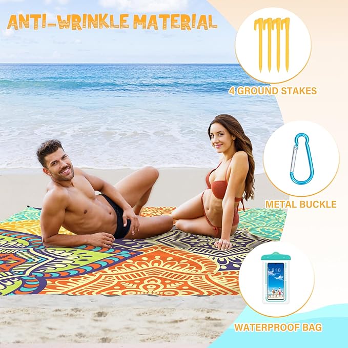 Beach Blanket Waterproof Sandproof 1-7 Adult Oversized 78 '' × 110 '' Lightweight Durable Compact Sand Free Beach Mat for Travel Camping Hiking Picnic Blanket Extra Large