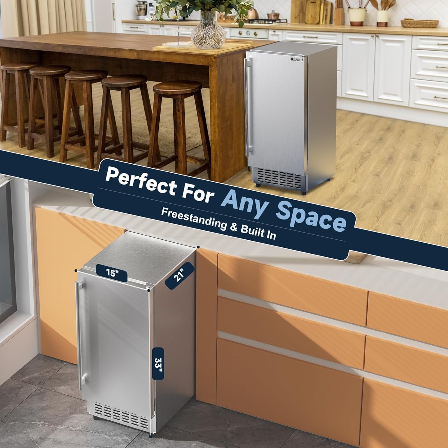 15" W Commercial Under Counter Ice Maker Machine, 80 Lbs/Day, 30 Lbs Storage, Auto-Cleaning, Stainless Steel Built-in Freestanding Ice Maker for Home Bar Restaurant Outdoor