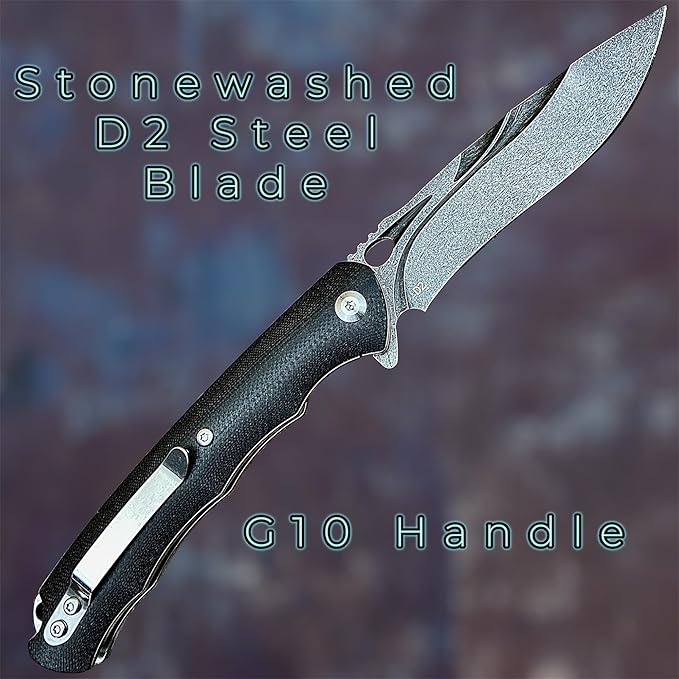 TACTICAL GEARZ Pocket Folding Knife for EDC, G10 Handle, Stonewashed D2 Steel Blade! (Krato ST)