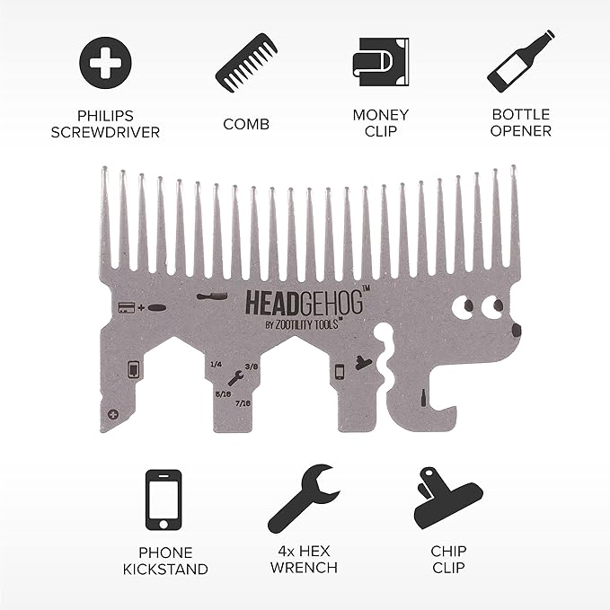 HeadgeHog Pocket Comb, Multi Tool Bottle Opener - Silver
