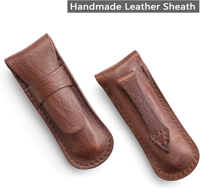 EDC Folding Pocket Knife with Leather Sheath,Handmade Damascus Steel Blade,Bone Handle Thumb Stud Knives for Men Hunting, Piscis Austrinus-02W