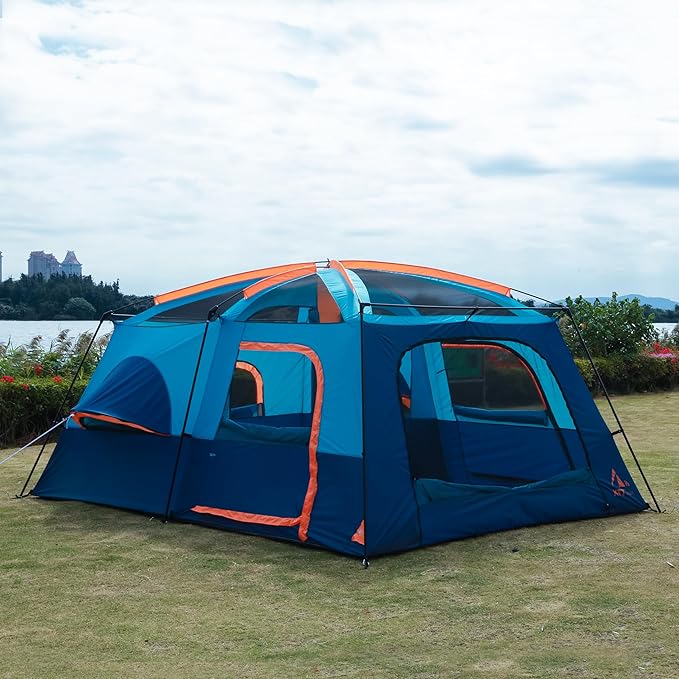 KTT Extra Large Tent 10-12-14 Person(Style-B),Family Cabin Tents,2 Rooms,3 Doors and 3 Windows with Mesh,Straight Wall,Waterproof,Double Layer,Big Tent for Outdoor,Picnic,Camping,Family Gathering